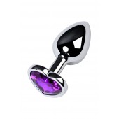 Серебристая коническая анальная пробка с фиолетовым кристаллом-сердечком - 7 см. - ToyFa - купить с доставкой в Ижевске