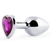 Серебристая анальная пробка с фиолетовым кристаллом-сердечком - 8 см. - Anal Jewelry Plug - купить с доставкой в Ижевске