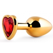 Золотистая анальная пробка с красным стразом-сердечком - 8 см. - Anal Jewelry Plug - купить с доставкой в Ижевске