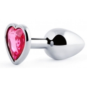 Серебристая анальная пробка с розовым кристаллом-сердечком - 7 см. - Anal Jewelry Plug - купить с доставкой в Ижевске