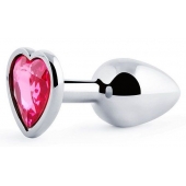 Серебристая анальная пробка с малиновым кристаллом-сердечком - 7 см. - Anal Jewelry Plug - купить с доставкой в Ижевске