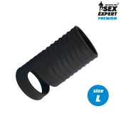 Черная открытая насадка на пенис с кольцом для мошонки L-size - 8,5 см. - Sex Expert - в Ижевске купить с доставкой