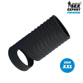 Черная открытая насадка на пенис с кольцом для мошонки XXL-size - 9,4 см. - Sex Expert - в Ижевске купить с доставкой