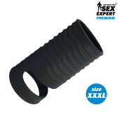 Черная открытая насадка на пенис с кольцом для мошонки XXXL-size - 9,9 см. - Sex Expert - в Ижевске купить с доставкой