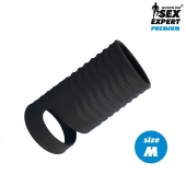 Черная открытая насадка на пенис с кольцом для мошонки size M - 7,9 см. - Sex Expert - в Ижевске купить с доставкой