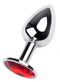 Маленькая коническая серебристая анальная пробка с красным кристаллом - 7 см. - ToyFa - купить с доставкой в Ижевске