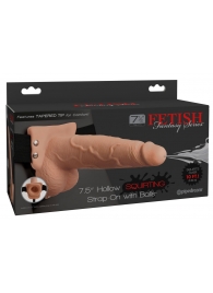 Телесный полый страпон с имитацией эякуляции 7.5  Hollow Squirting Strap-On with Balls Flesh - 21,6 см. - Pipedream - купить с доставкой в Ижевске