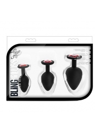 Набор черных анальных пробок с красным кристаллом-сердечком Bling Plugs Training Kit - Blush Novelties - купить с доставкой в Ижевске