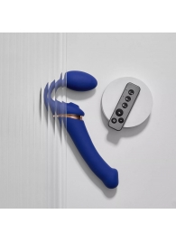 Синий безремневой страпон Multi Orgasm Bendable Strap-On size L с клиторальной стимуляцией - Strap-on-me - купить с доставкой в Ижевске