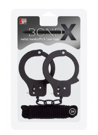 Чёрные наручники из листового металла в комплекте с веревкой BONDX METAL CUFFS LOVE ROPE SET - Dream Toys - купить с доставкой в Ижевске