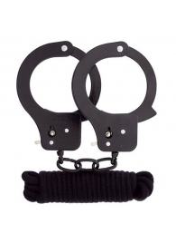 Чёрные наручники из листового металла в комплекте с веревкой BONDX METAL CUFFS LOVE ROPE SET - Dream Toys - купить с доставкой в Ижевске