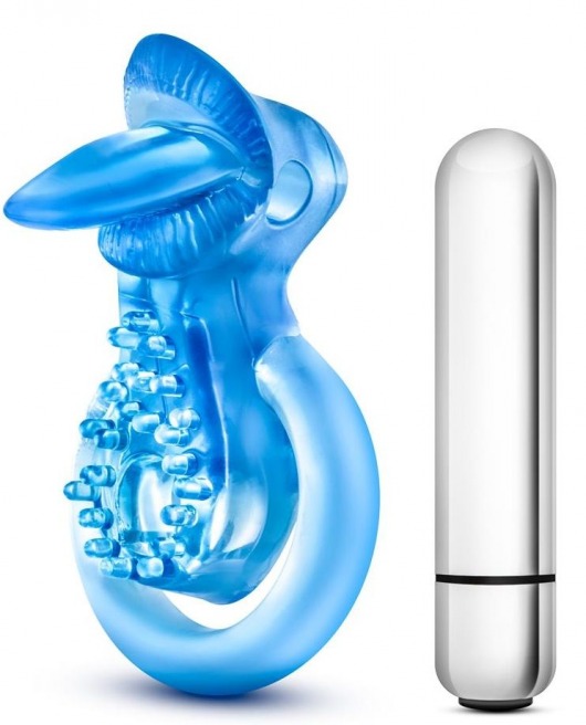 Голубое эрекционное виброкольцо 10 Function Vibrating Tongue Ring - Blush Novelties - в Ижевске купить с доставкой