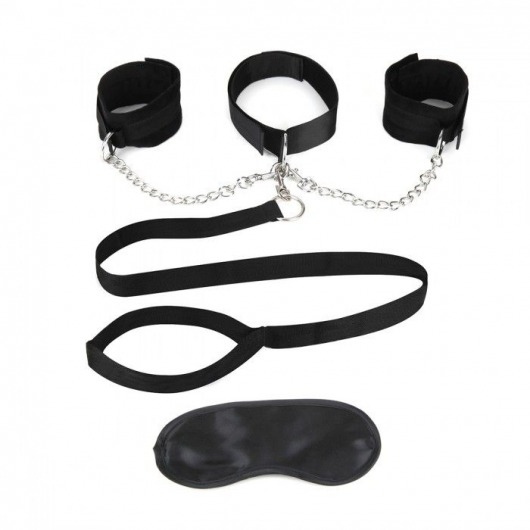 Чёрный ошейник с наручниками и поводком Collar Cuffs   Leash Set - Lux Fetish - купить с доставкой в Ижевске