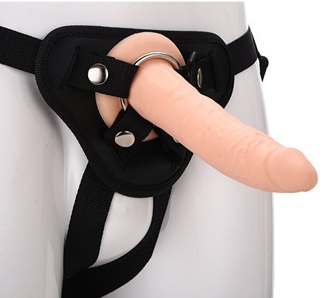 Телесный страпон на черных трусиках STRAP ON REAL DILDO - 20 см. - Dream Toys - купить с доставкой в Ижевске