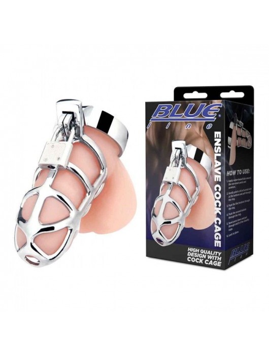 Серебристая металлическая клетка для члена с замком Enslave Cock Cage - BlueLine - купить с доставкой в Ижевске