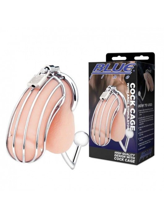 Серебристая металлическая клетка с анальным стимулятором Cock Cage - BlueLine - купить с доставкой в Ижевске