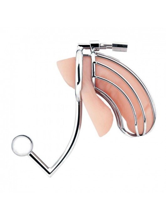 Серебристая металлическая клетка с анальным стимулятором Cock Cage - BlueLine - купить с доставкой в Ижевске