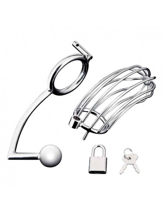 Серебристая металлическая клетка с анальным стимулятором Cock Cage - BlueLine - купить с доставкой в Ижевске