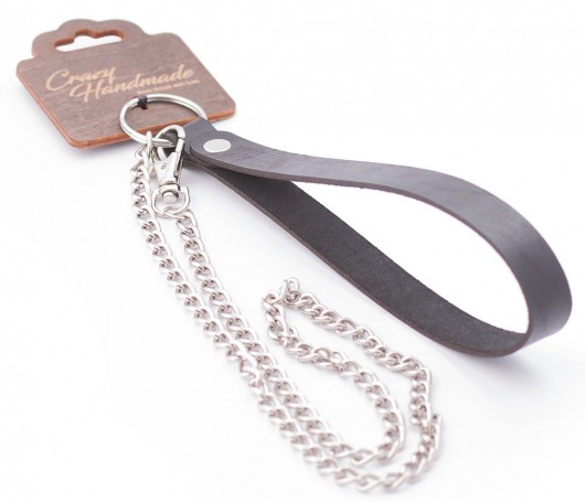 Серебристый металлический поводок с кожаной черной ручкой - 80 см. - Crazy Handmade - купить с доставкой в Ижевске