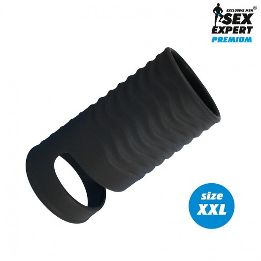 Черная открытая насадка на пенис с кольцом для мошонки XXL-size - 9,4 см. - Sex Expert - в Ижевске купить с доставкой