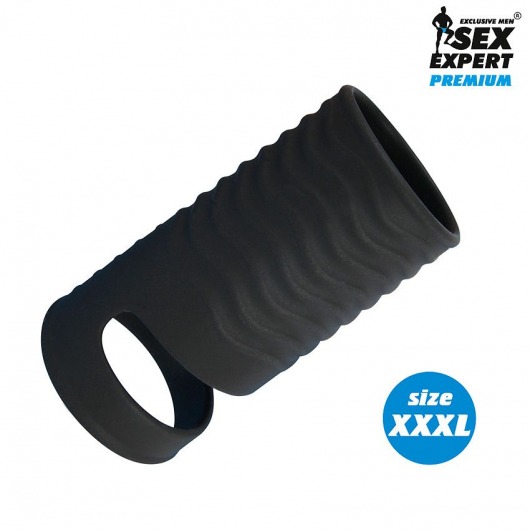 Черная открытая насадка на пенис с кольцом для мошонки XXXL-size - 9,9 см. - Sex Expert - в Ижевске купить с доставкой