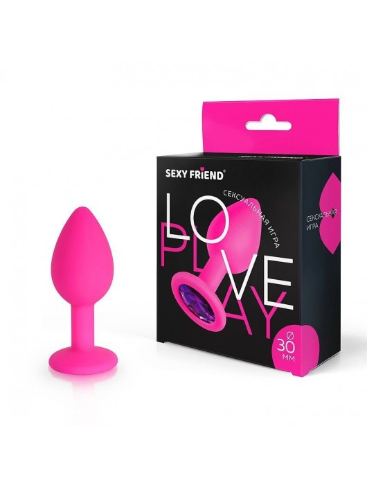 Розовая силиконовая анальная втулка с фиолетовым кристаллом - 7,3 см. - 1137