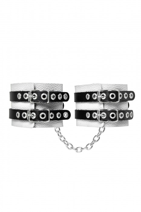 Бело-черные оковы с двумя ремешками и люверсами - Pecado - купить с доставкой в Ижевске
