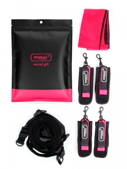Черно-розовый эротический набор: фиксатор, оковы, наручники, повязка - Erokay - купить с доставкой в Ижевске