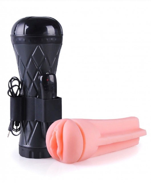Телесный мастурбатор-вагина в черной колбе с вибрацией - Boys of Toys - в Ижевске купить с доставкой