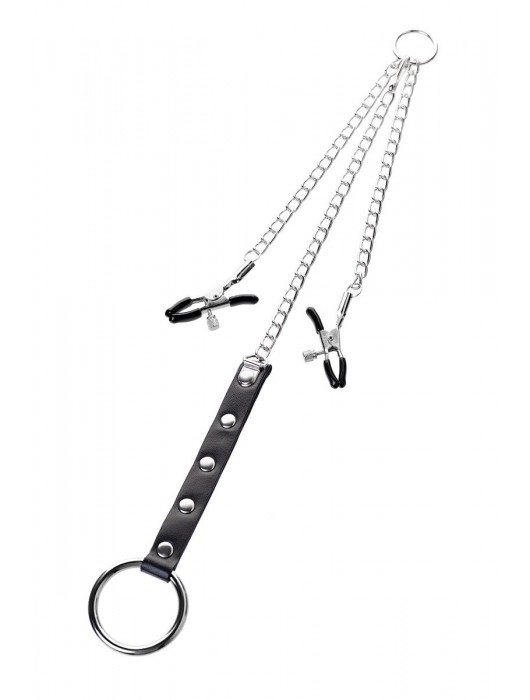 Серебристо-чёрные зажимы для сосков с кольцом для пениса TOYFA Metal - ToyFa - купить с доставкой в Ижевске